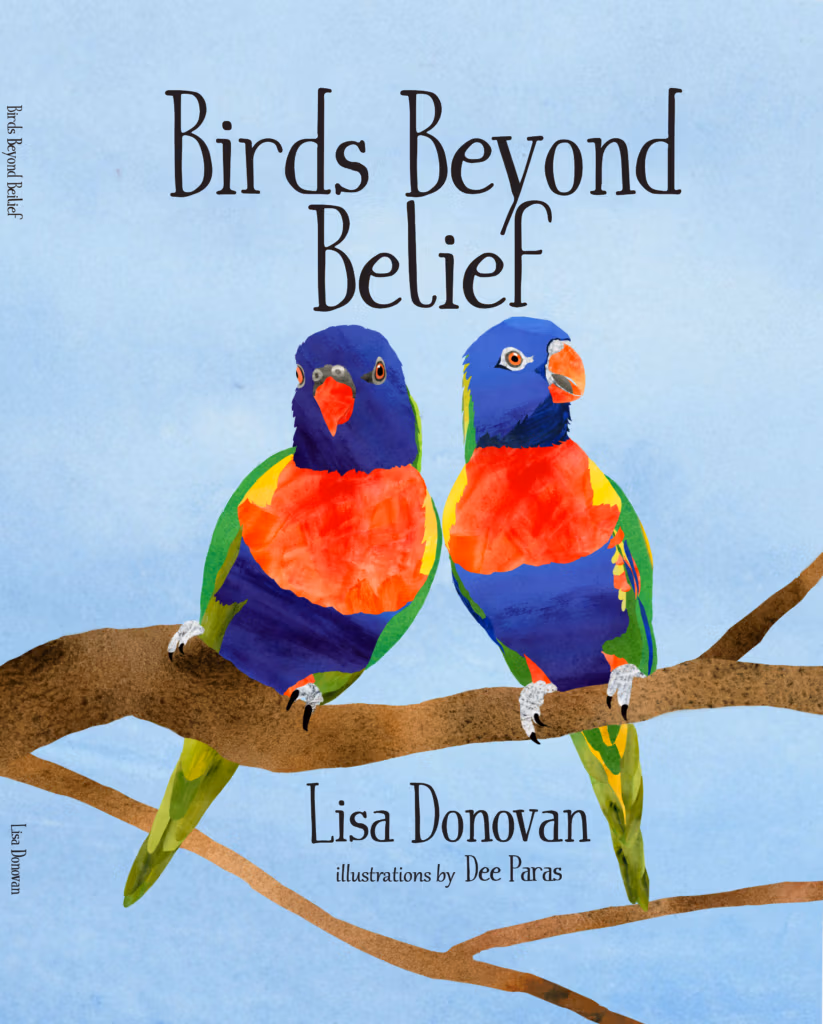Two colorful parrots perched on a branch against a light blue background; title reads 'Birds Beyond Belief' above them.